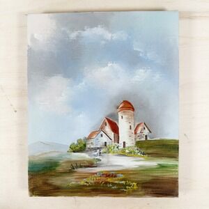Vtg Oil Painting Farm Barns Silo Scene 8x10 Stretched Canvas Gray Blue Red